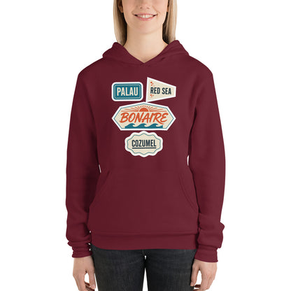 Vintage scuba diving dive sites travel decal hoodie — Maroon, on model