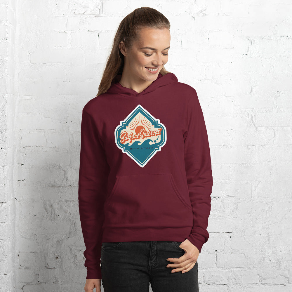 Surface Interval vintage scuba diving travel decal hoodie — Maroon, on model