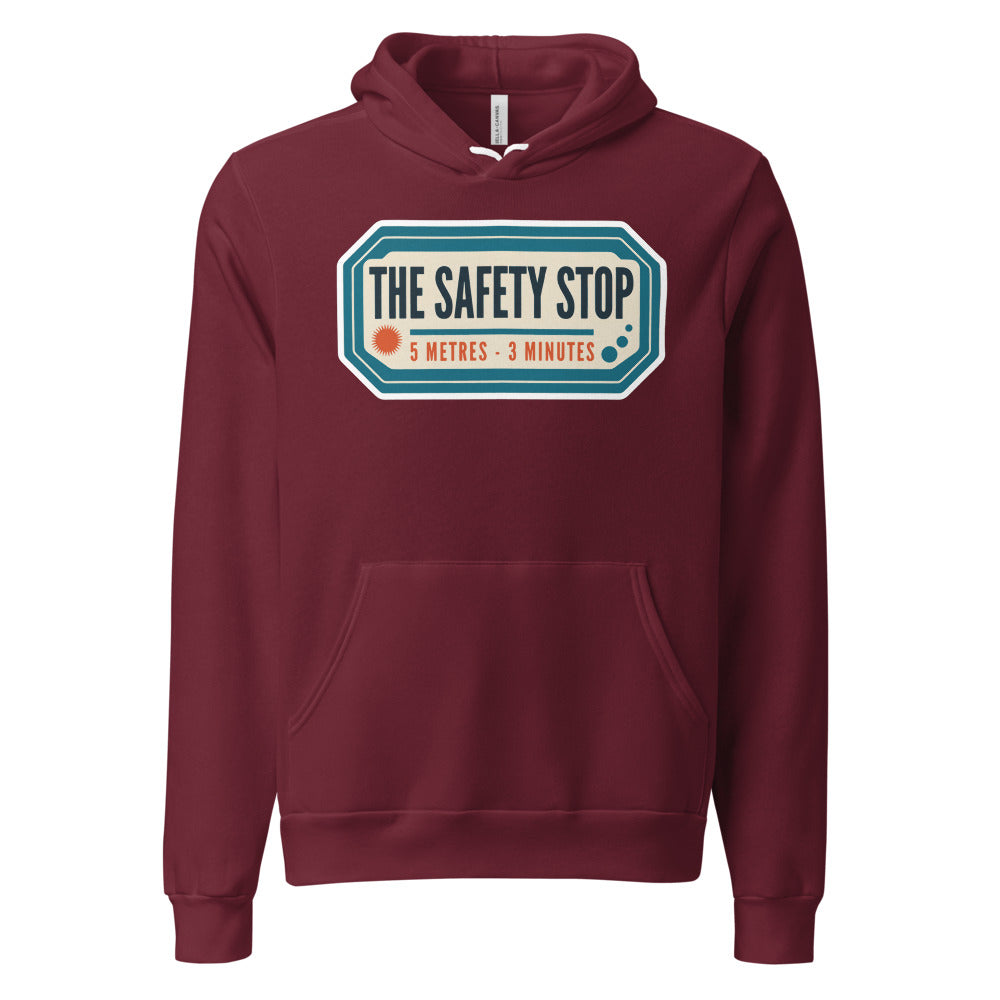 The Safety Stop vintage scuba diving travel decal hoodie — Maroon, front