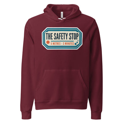 The Safety Stop vintage scuba diving travel decal hoodie — Maroon, front