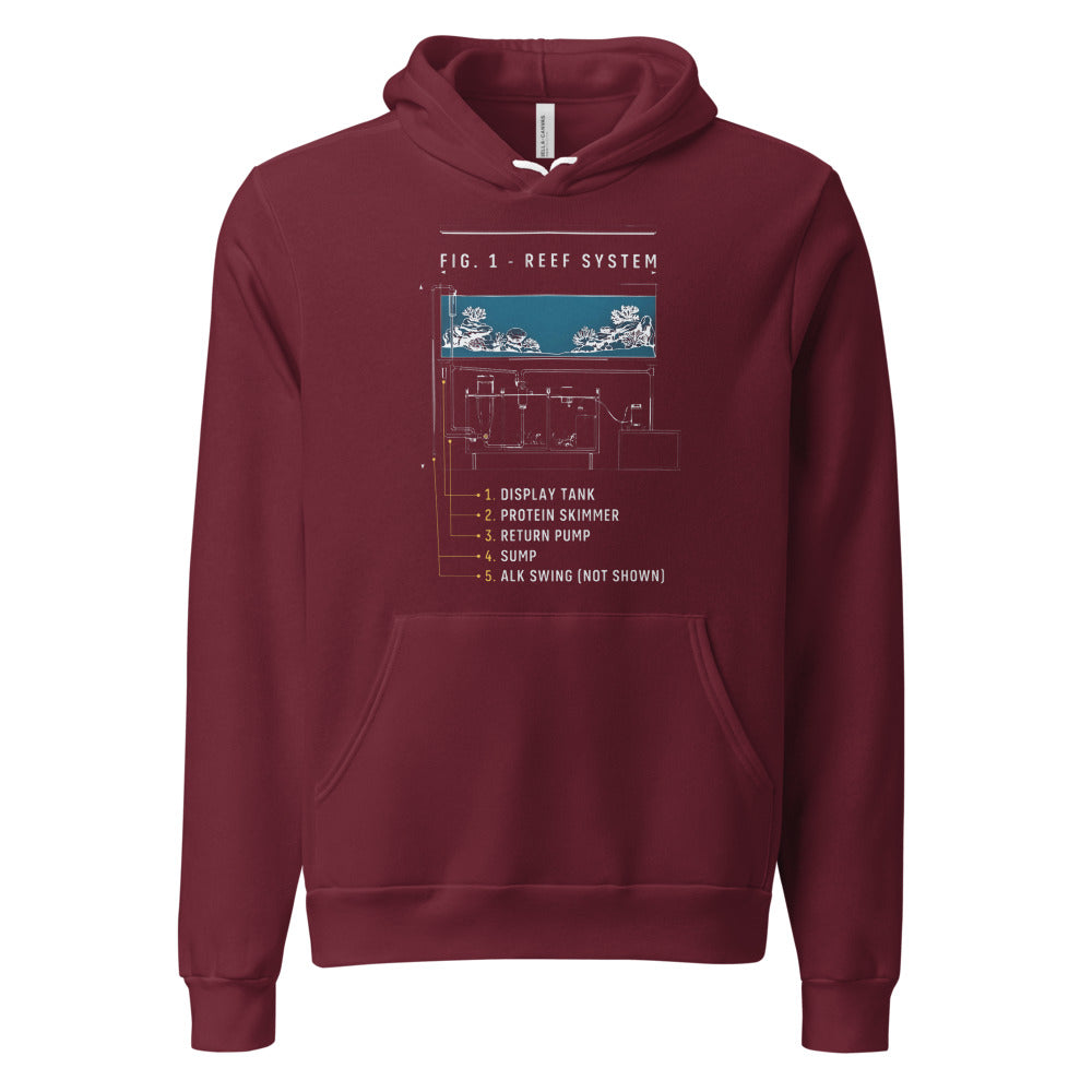 Reef System technical cutaway saltwater aquarium hoodie — Maroon, front