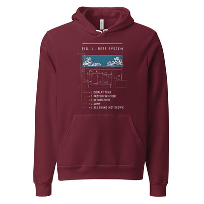 Reef System technical cutaway saltwater aquarium hoodie — Maroon, front