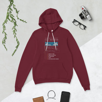 Reef System technical cutaway saltwater aquarium hoodie — Maroon, flat lay