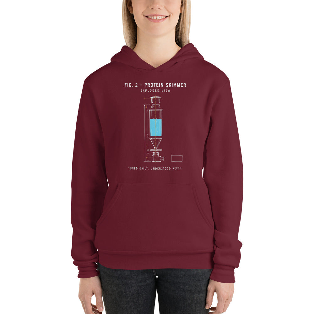 Protein Skimmer Exploded View reef tank saltwater aquarium hoodie — Maroon, on model