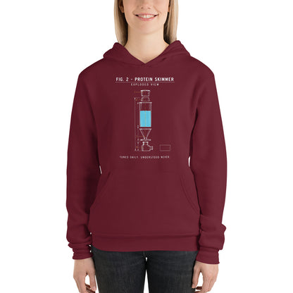 Protein Skimmer Exploded View reef tank saltwater aquarium hoodie — Maroon, on model