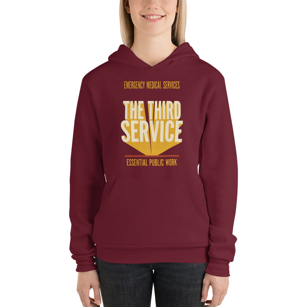 The Third Service EMS hoodie — Maroon, on model
