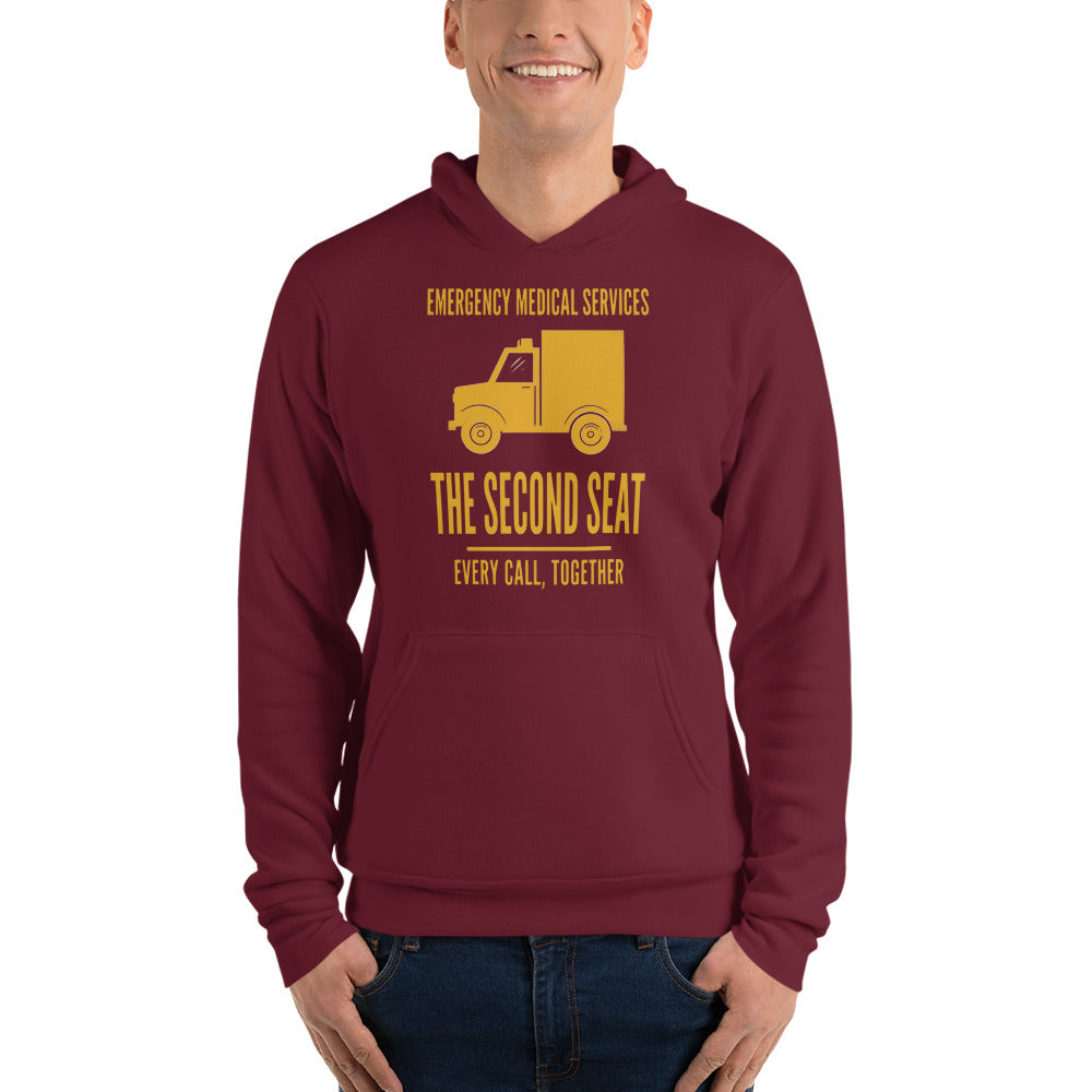 The Second Seat EMS paramedic hoodie — Maroon, on model