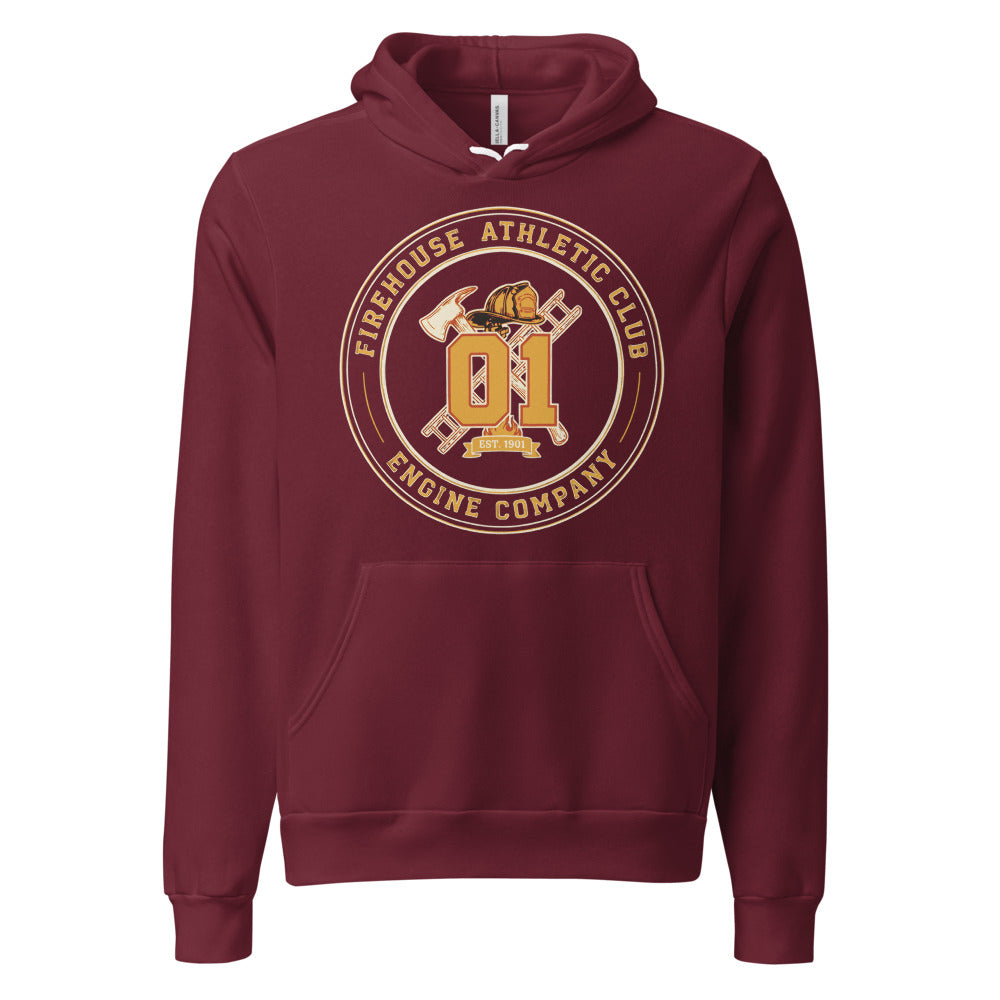 Firehouse Athletic Club retro firefighter emblem hoodie — Maroon, front