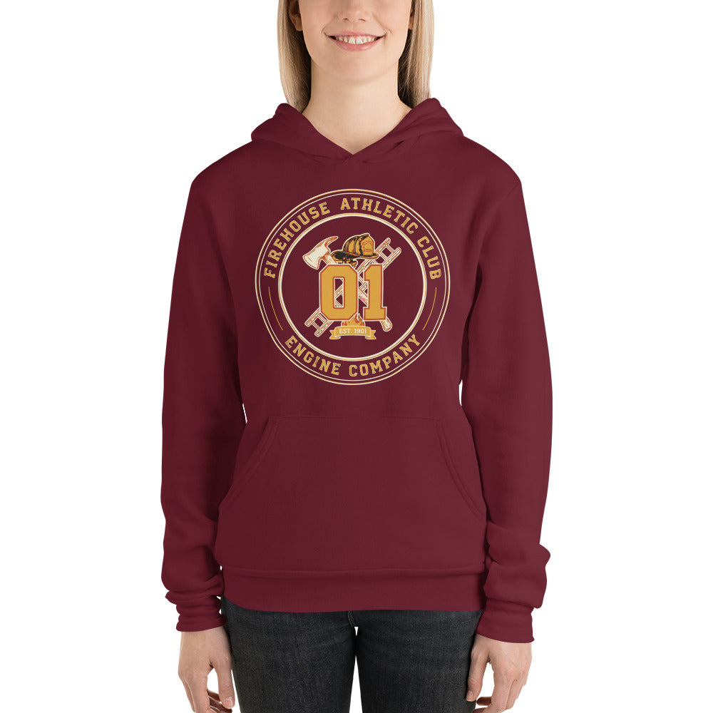 Firehouse Athletic Club retro firefighter emblem hoodie — Maroon, on model