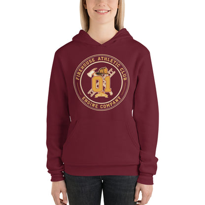 Firehouse Athletic Club retro firefighter emblem hoodie — Maroon, on model