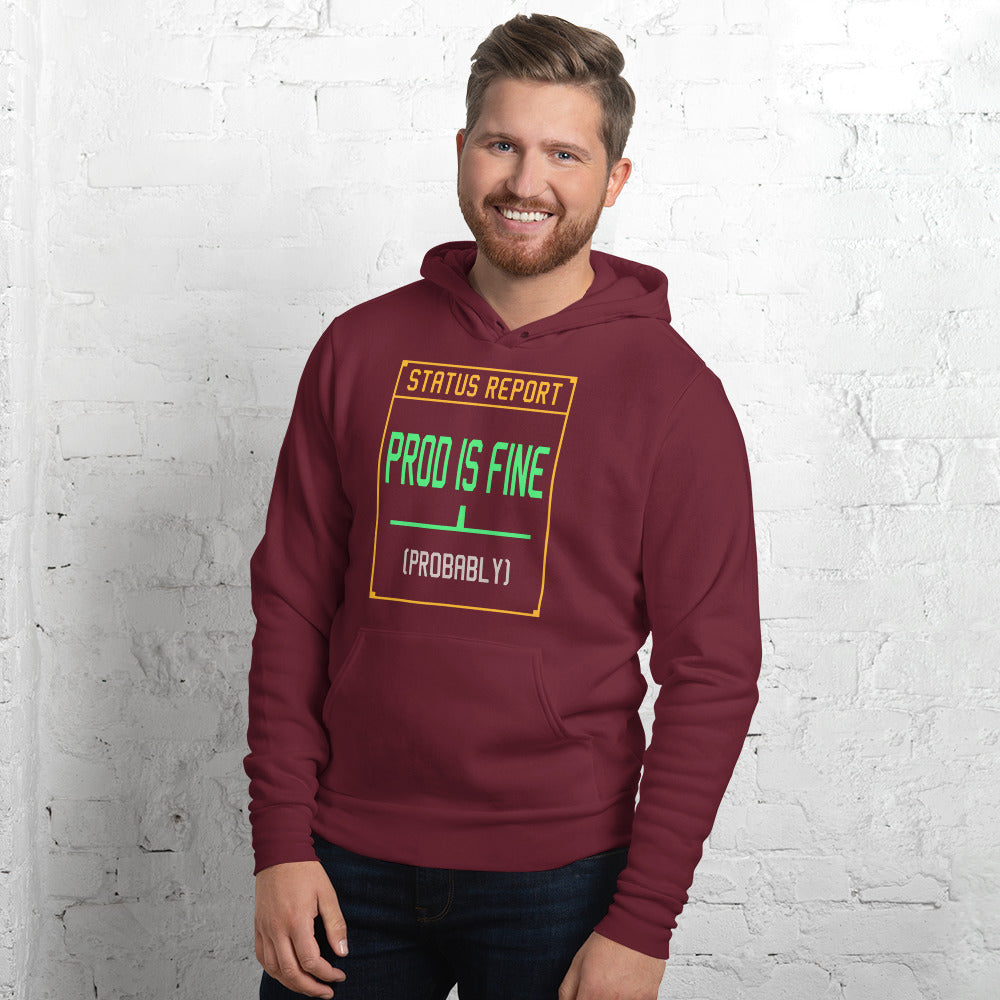 Prod Is Fine programmer hoodie — Maroon, on model