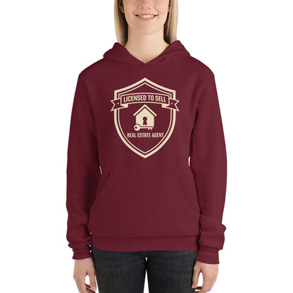 Licensed to Sell real estate agent hoodie — Maroon, on model