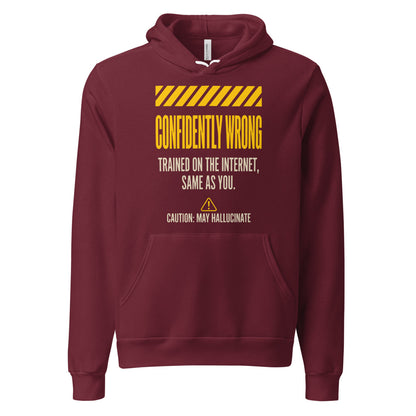 Confidently Wrong AI hazard-label pullover hoodie — Maroon, front
