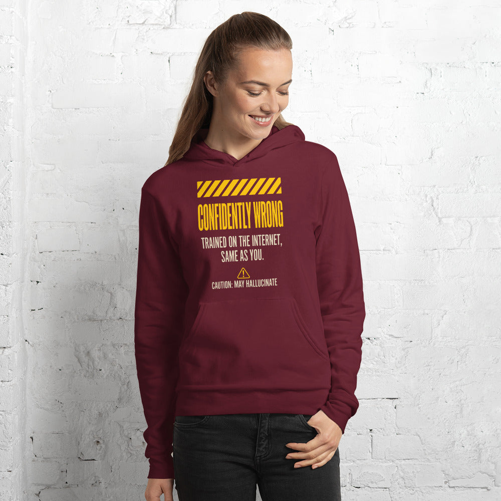 Confidently Wrong AI hazard-label pullover hoodie — Maroon, on model