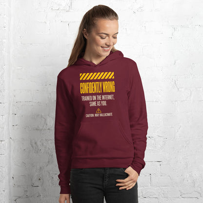 Confidently Wrong AI hazard-label pullover hoodie — Maroon, on model