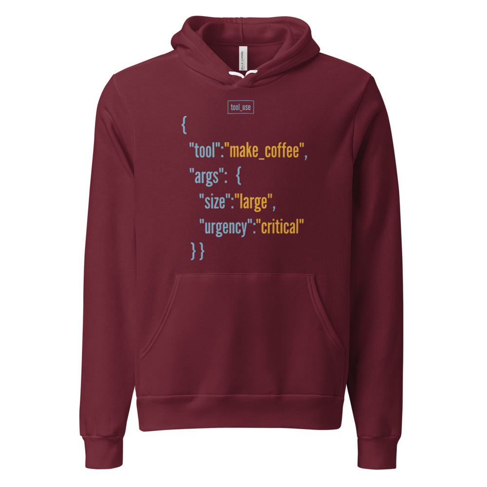 Tool Call Make Coffee AI engineer hoodie — Maroon, front