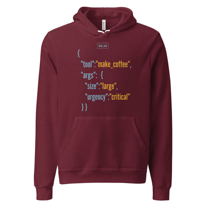 Tool Call Make Coffee AI engineer hoodie — Maroon, front