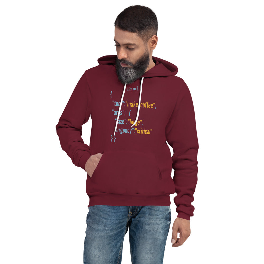 Tool Call Make Coffee AI engineer hoodie — Maroon, on model