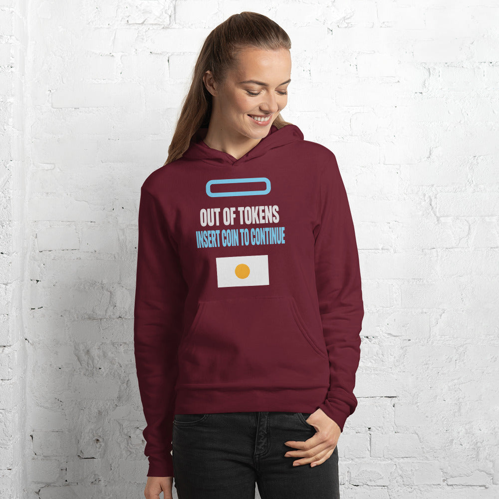 Insert Coin To Continue out of tokens hoodie — Maroon, on model