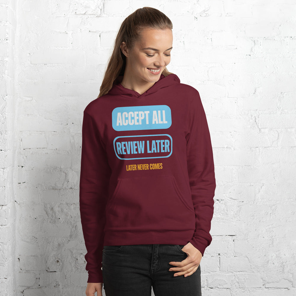 Accept All Review Later hoodie — Maroon, on model
