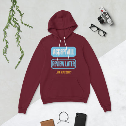 Accept All Review Later hoodie — Maroon, flat lay