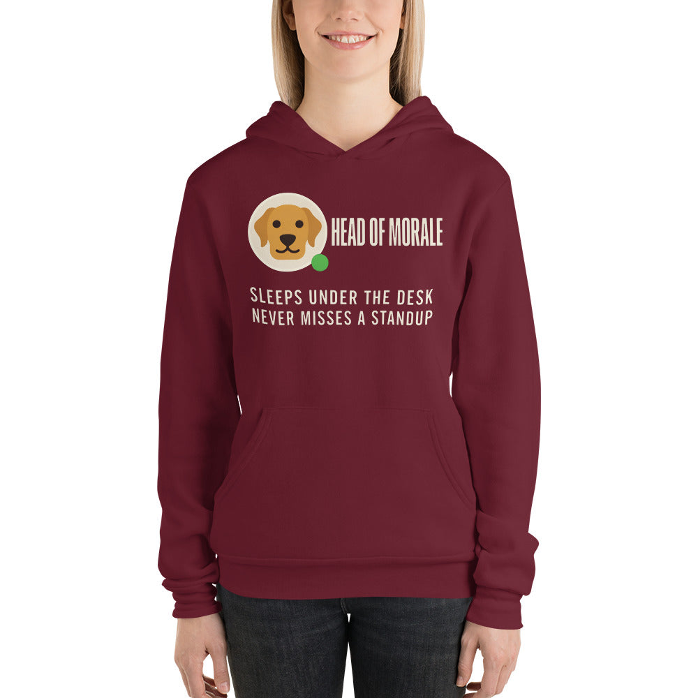 Head of Morale dog profile card unisex hoodie — Maroon, on model