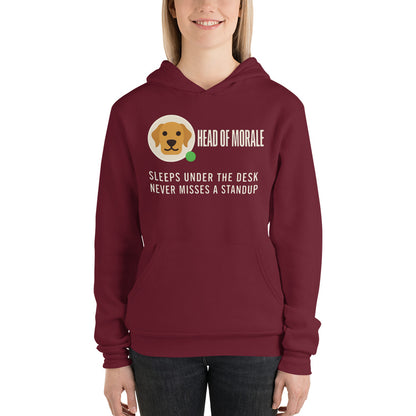 Head of Morale dog profile card unisex hoodie — Maroon, on model