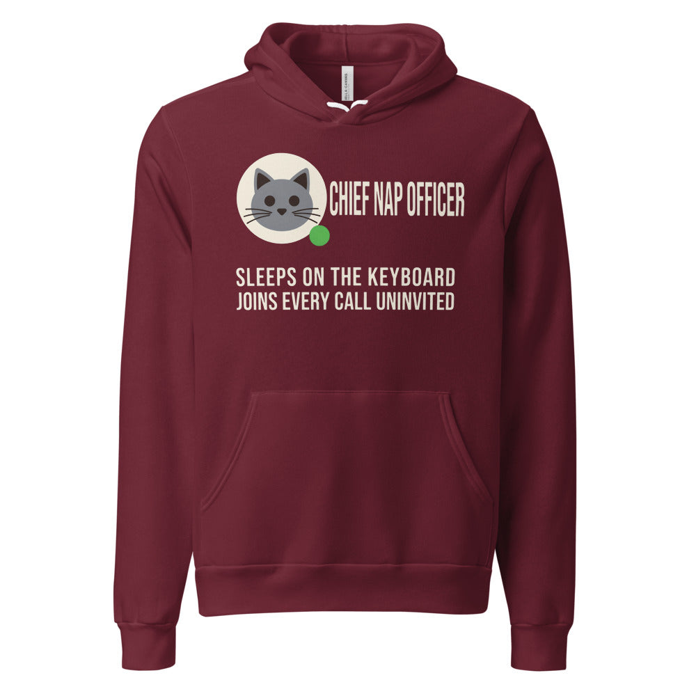 Chief Nap Officer cat profile card unisex hoodie — Maroon, front