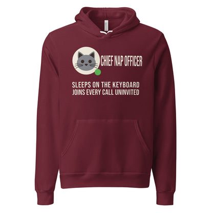 Chief Nap Officer cat profile card unisex hoodie — Maroon, front