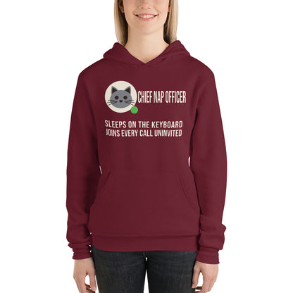 Chief Nap Officer cat profile card unisex hoodie — Maroon, on model