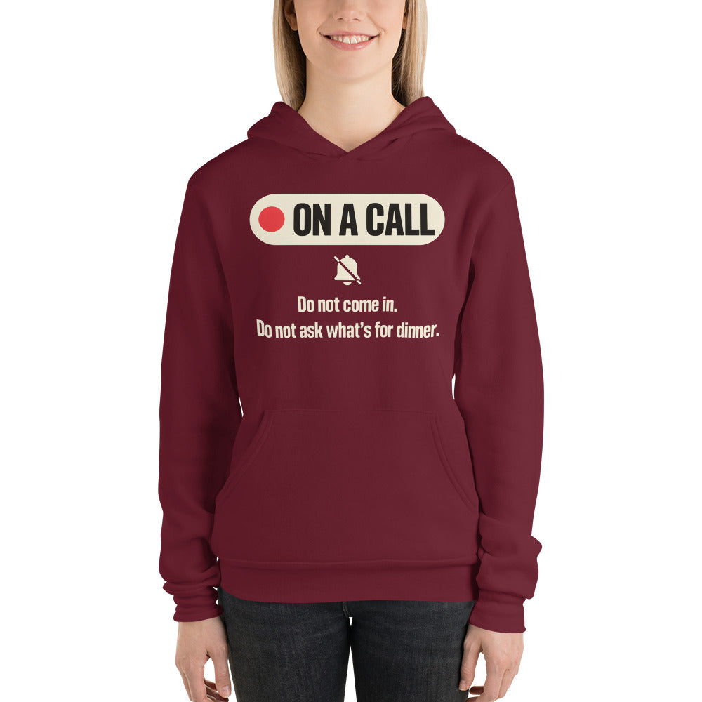 On A Call do not disturb status unisex hoodie — Maroon, on model