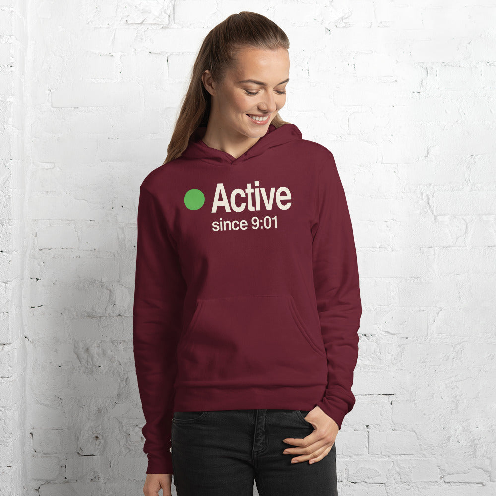 Active Since 9:01 presence status unisex hoodie — Maroon, on model