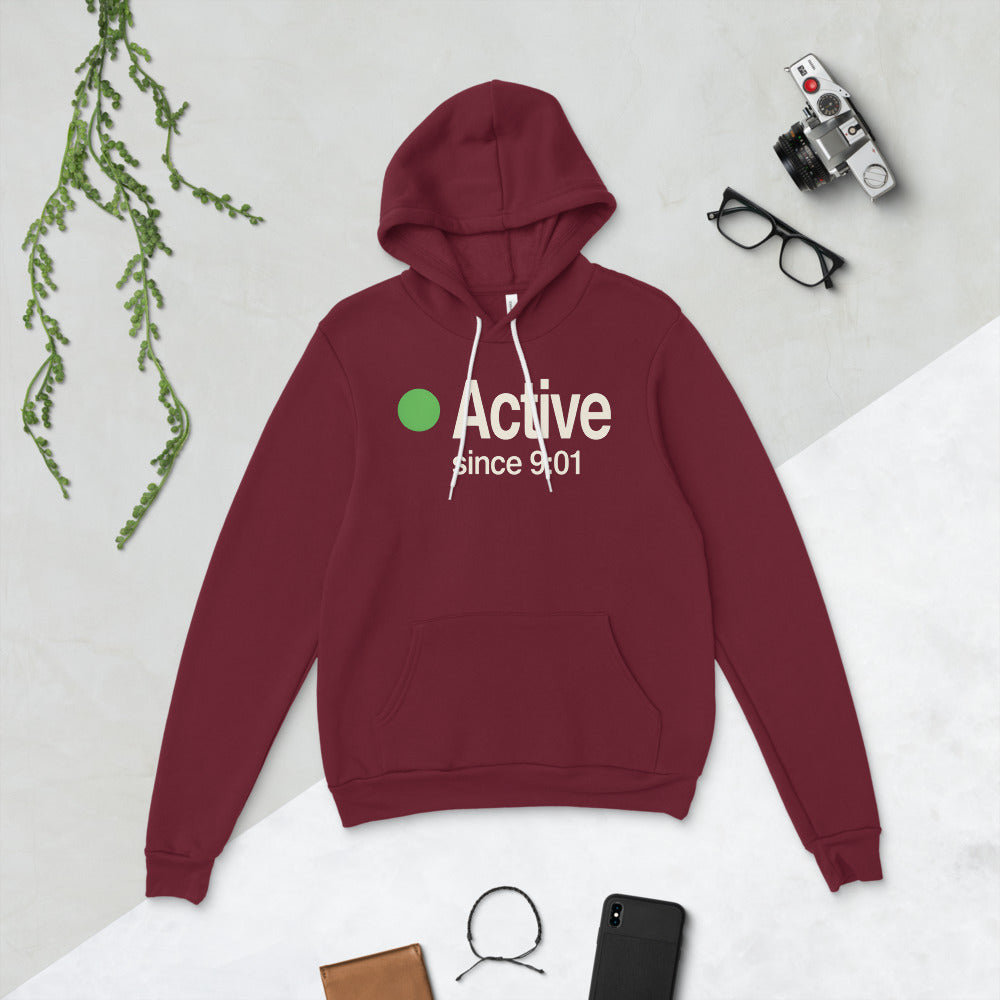 Active Since 9:01 presence status unisex hoodie — Maroon, flat lay