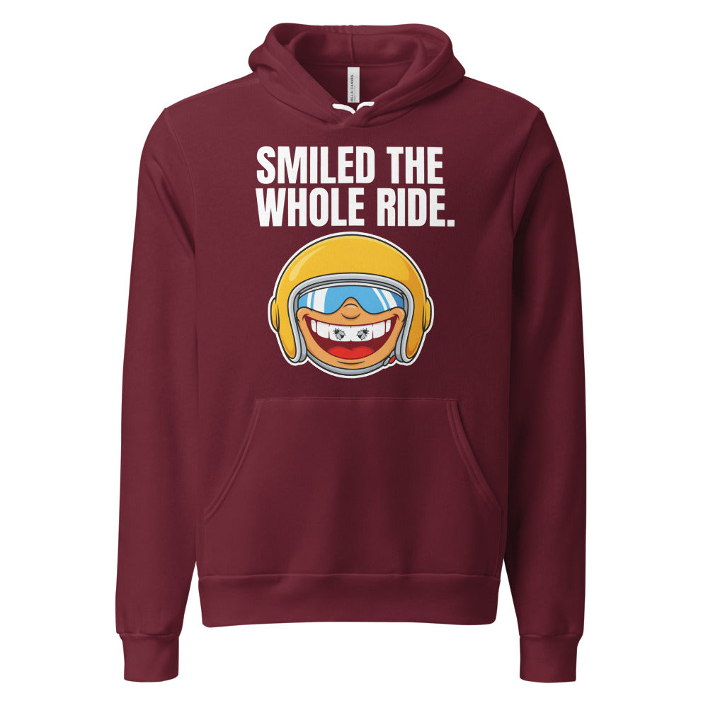 Smiled The Whole Ride funny motorcycle hoodie — Maroon, front