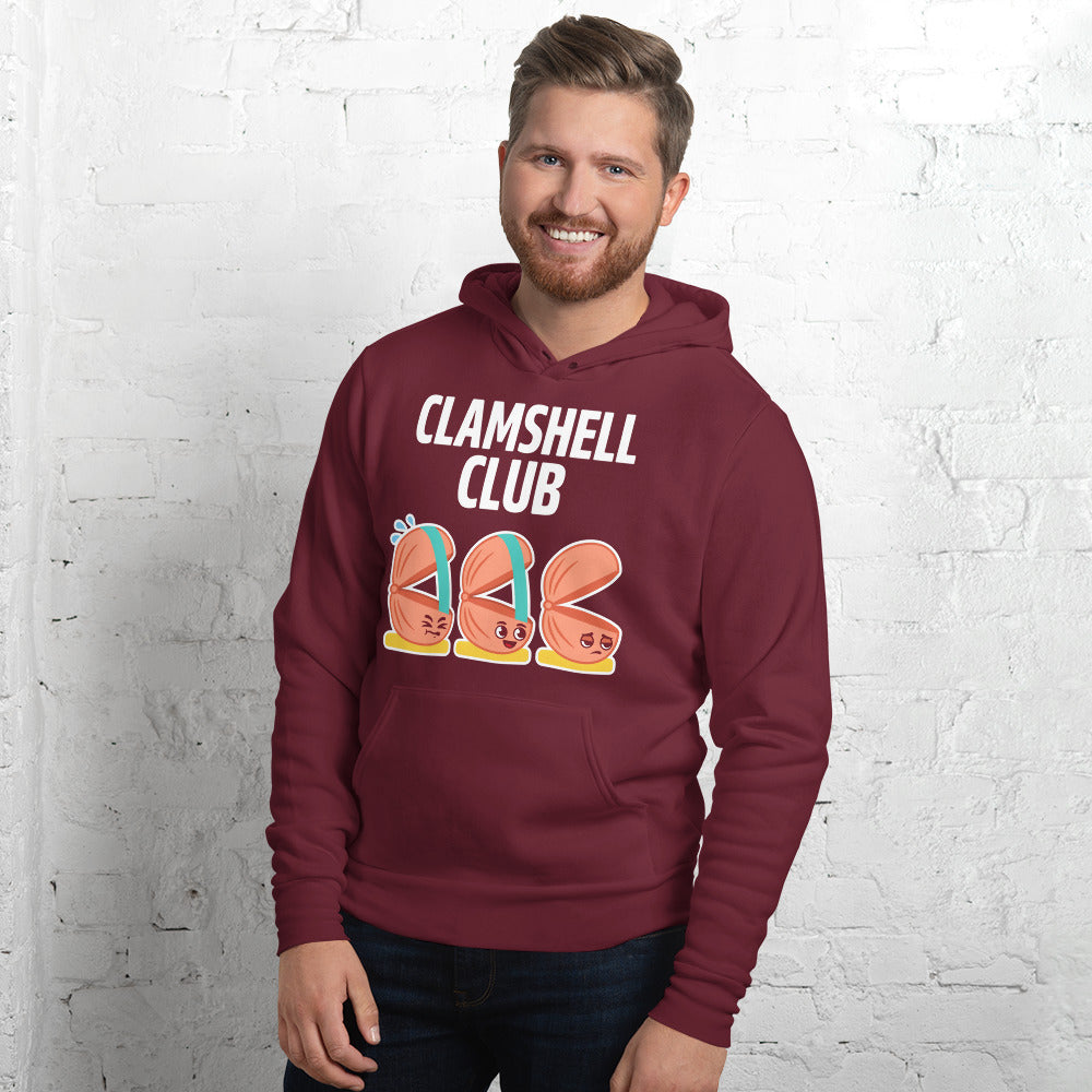Clamshell Club funny physical therapy hoodie — Maroon, on model