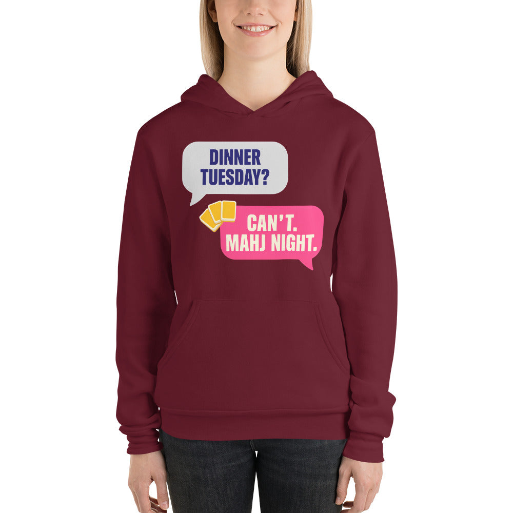 Mahj Night funny mahjong hoodie — Maroon, on model