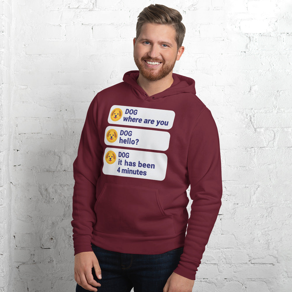 It Has Been 4 Minutes funny dog dad hoodie — Maroon, on model