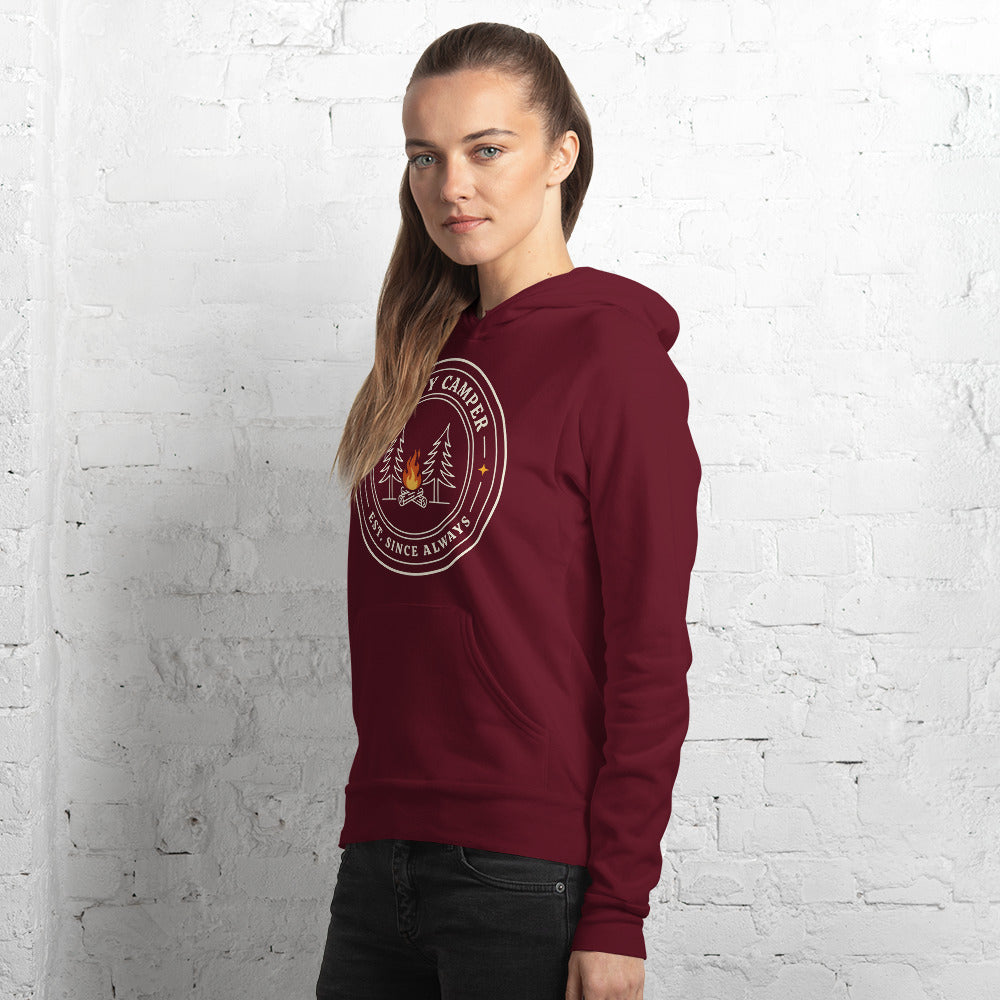 Happy Camper retro camp badge hoodie — Maroon, on model