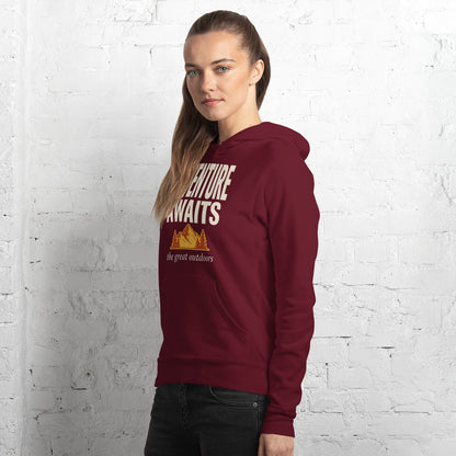 Adventure Awaits retro outdoors typography hoodie — Maroon, on model