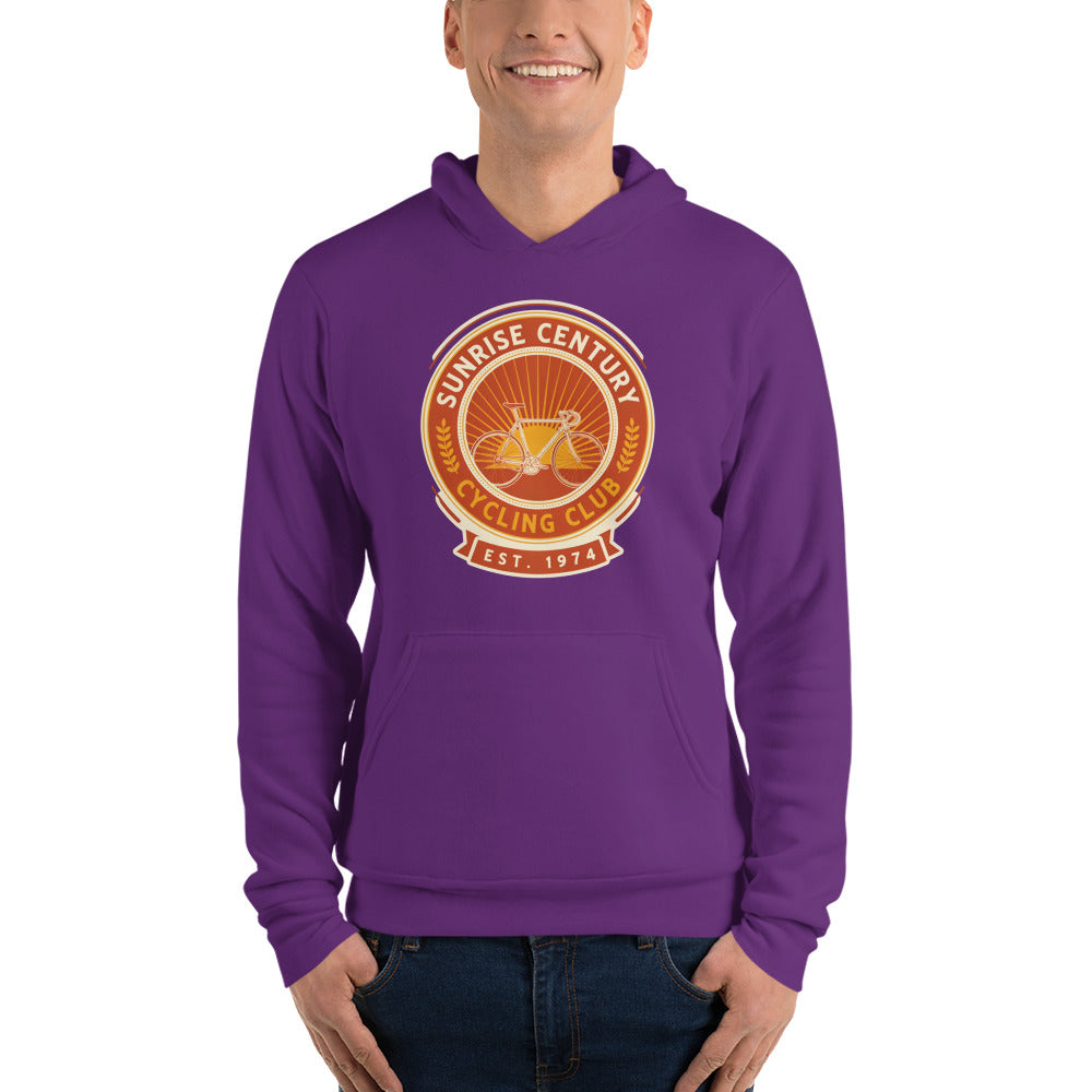 Sunrise Century C.C. retro cycling club badge hoodie — Team Purple, on model