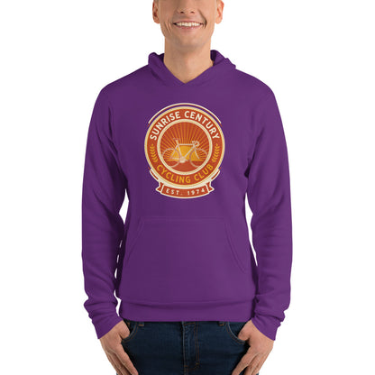 Sunrise Century C.C. retro cycling club badge hoodie — Team Purple, on model