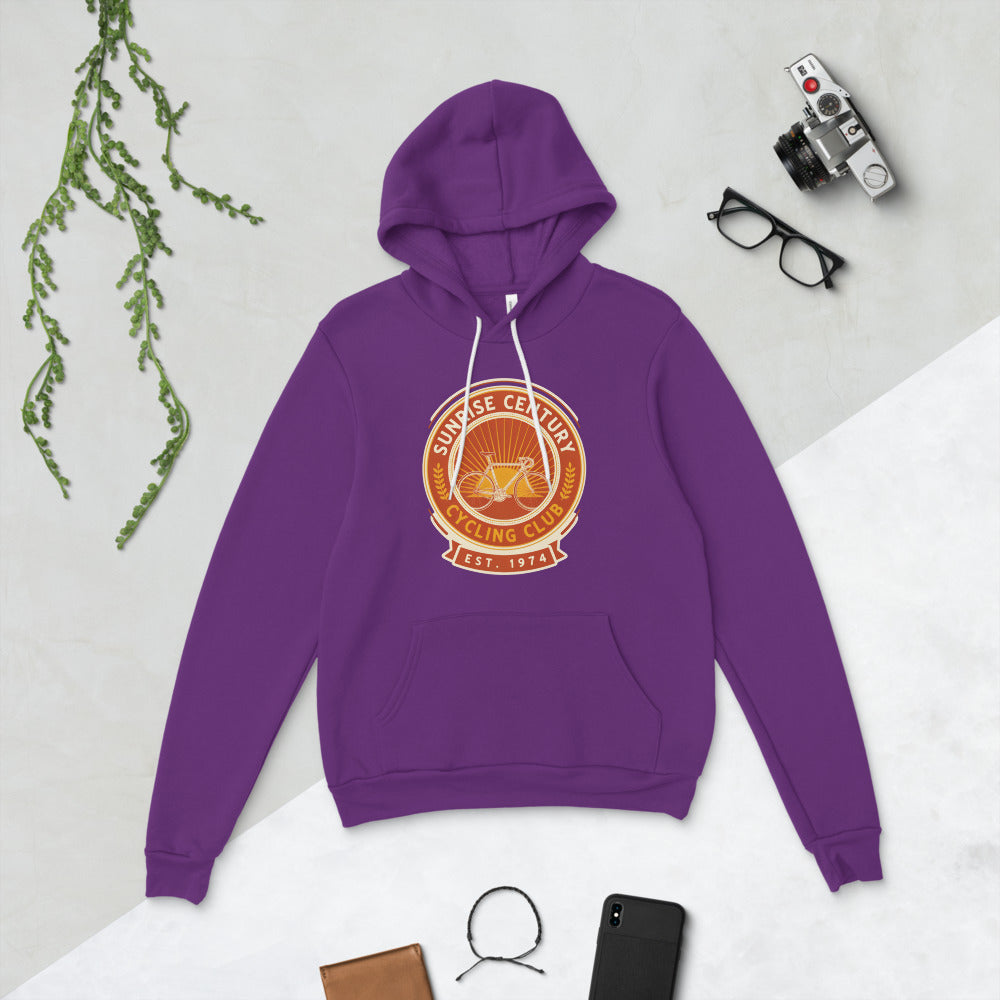 Sunrise Century C.C. retro cycling club badge hoodie — Team Purple, front-right