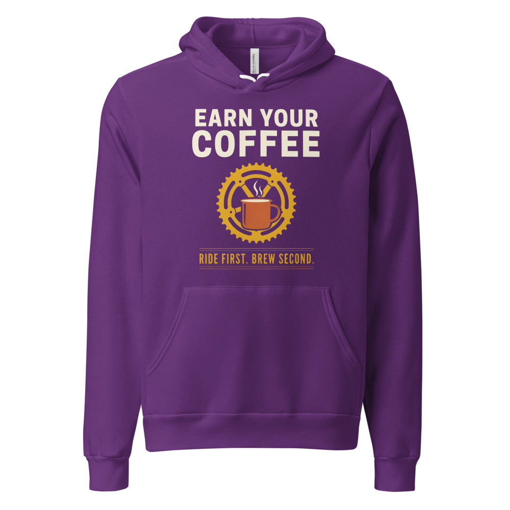 Earn Your Coffee retro cycling coffee hoodie — Team Purple, front