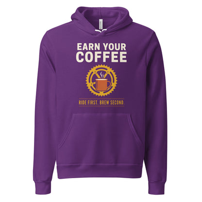 Earn Your Coffee retro cycling coffee hoodie — Team Purple, front