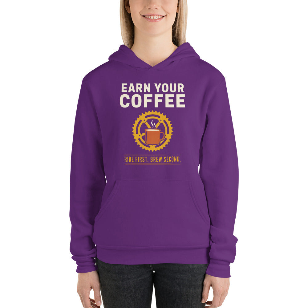 Earn Your Coffee retro cycling coffee hoodie — Team Purple, on model