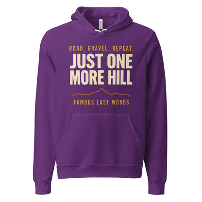 Just One More Hill retro cycling climb hoodie — Team Purple, front