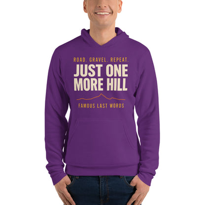 Just One More Hill retro cycling climb hoodie — Team Purple, on model