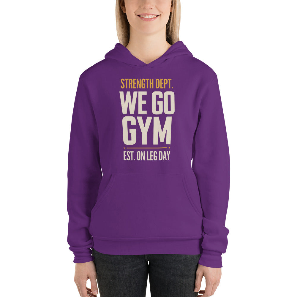 We Go Gym vintage athletic hoodie — Team Purple, on model