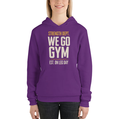 We Go Gym vintage athletic hoodie — Team Purple, on model