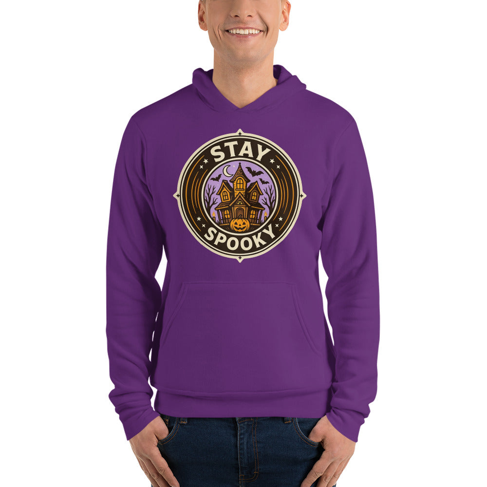 Stay Spooky retro Halloween vintage badge hoodie — Team Purple, on model